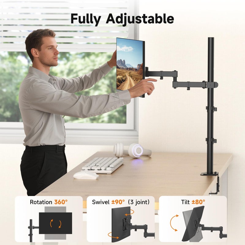 Bracwiser Single Fully Adjustable Standing Height Monitor Arm Stand Mount 800mm Tall for Monitor Computer Screen 13 15 17 19 20 22 23 24 26 27 30 32 inch VESA 75 100 (MD7821) - Image 2